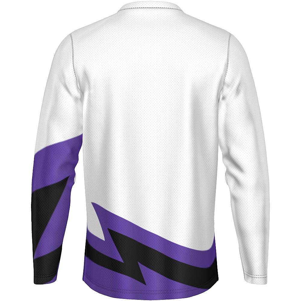 White long-sleeve shirt with black and purple accents on a white background