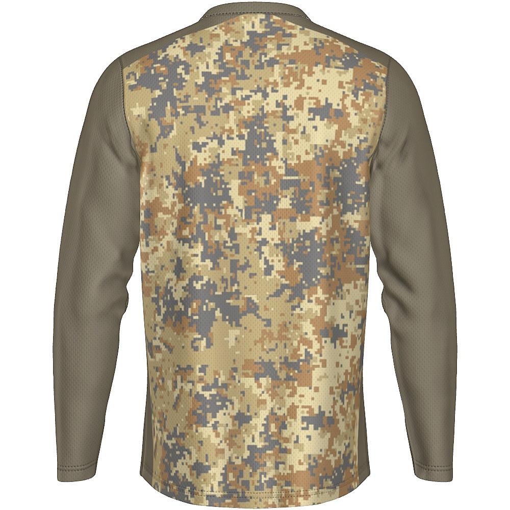 Earth-tone long-sleeve shirt with digital camo design on a white background