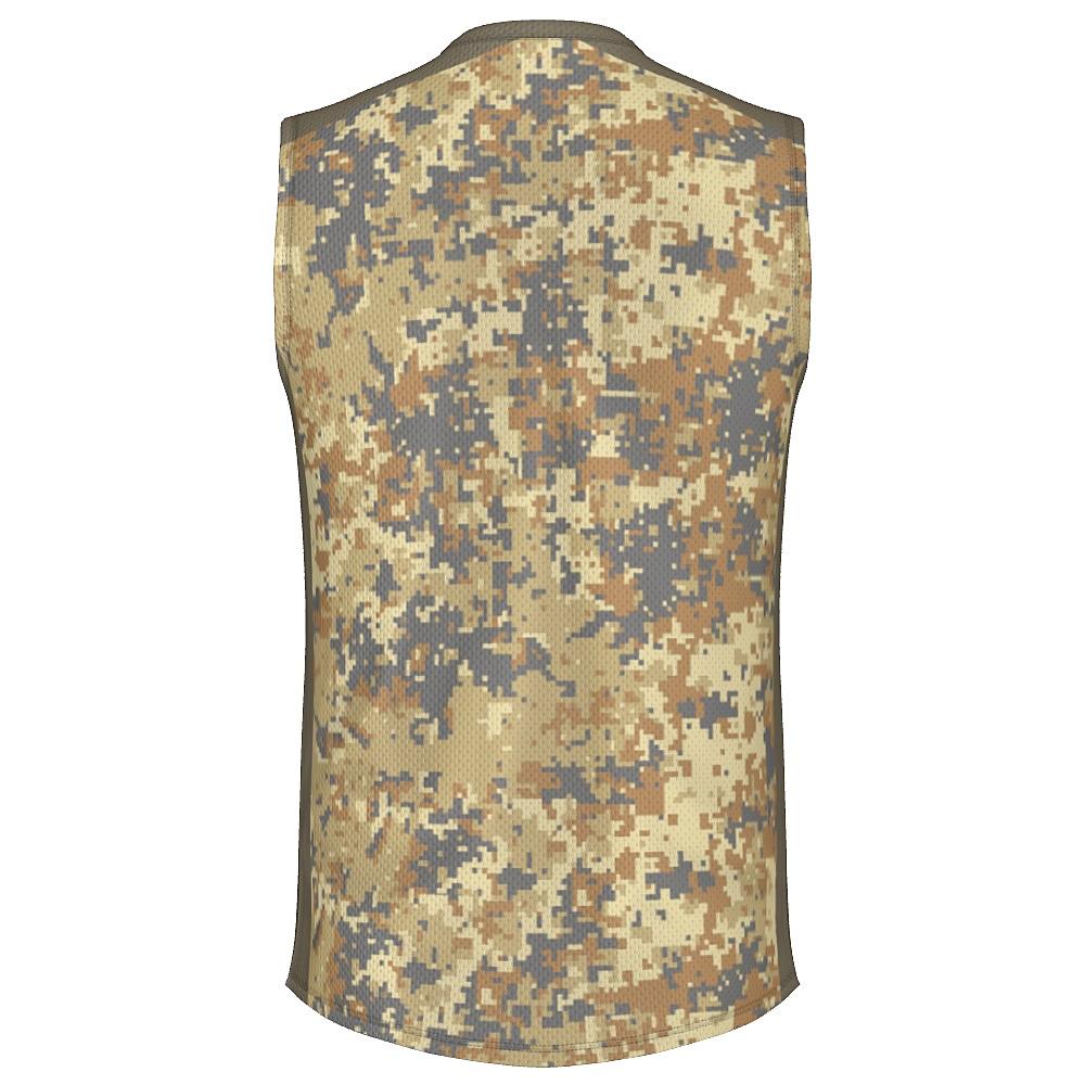 Earth-tone sleeveless shirt with digital camo design on a white background