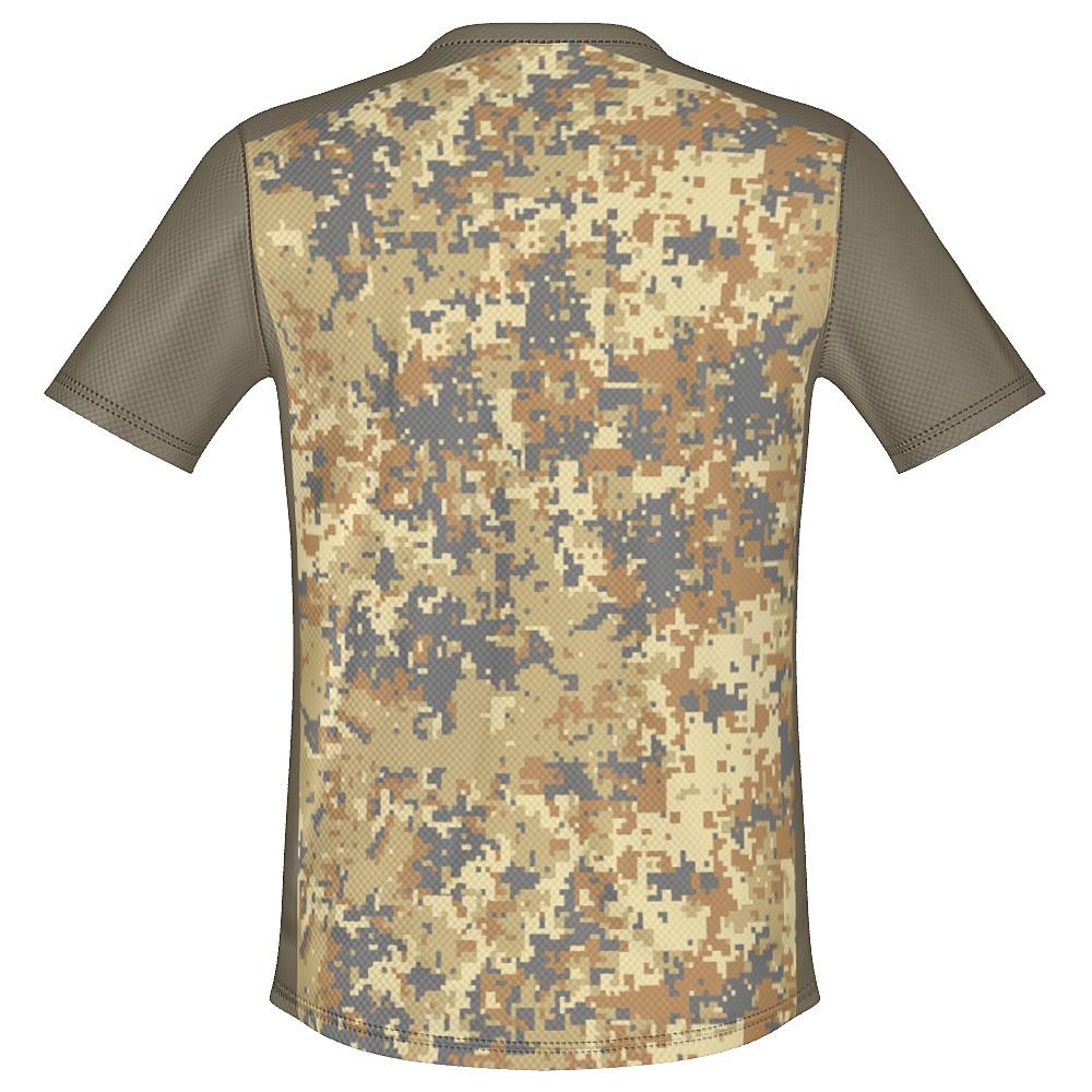Earth-tone shirt with digital camo design on a white background