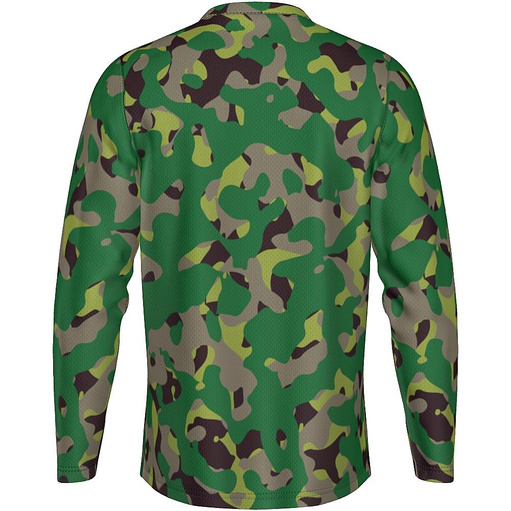 Long-sleeve shirt with green camouflage design on a white background