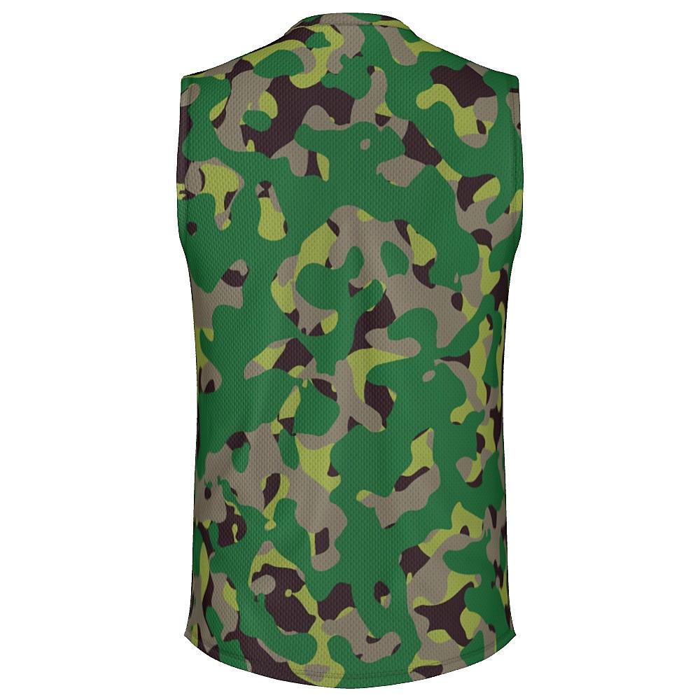 Sleeveless shirt with green camouflage design on a white background
