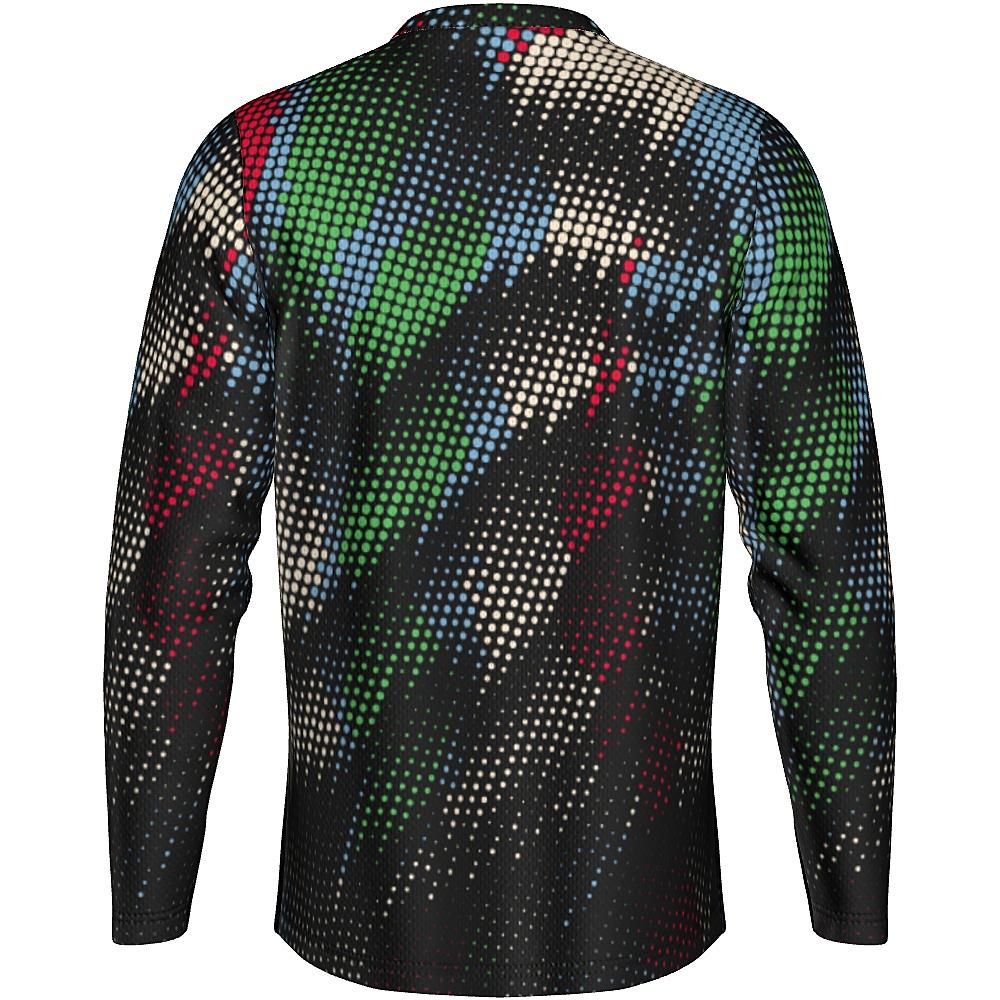 Black long-sleeve shirt with multicolored dot pattern on a white background