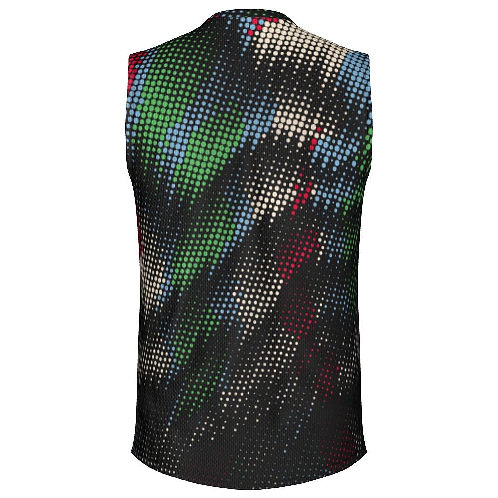 Black sleeveless shirt with multicolored dot pattern on a white background