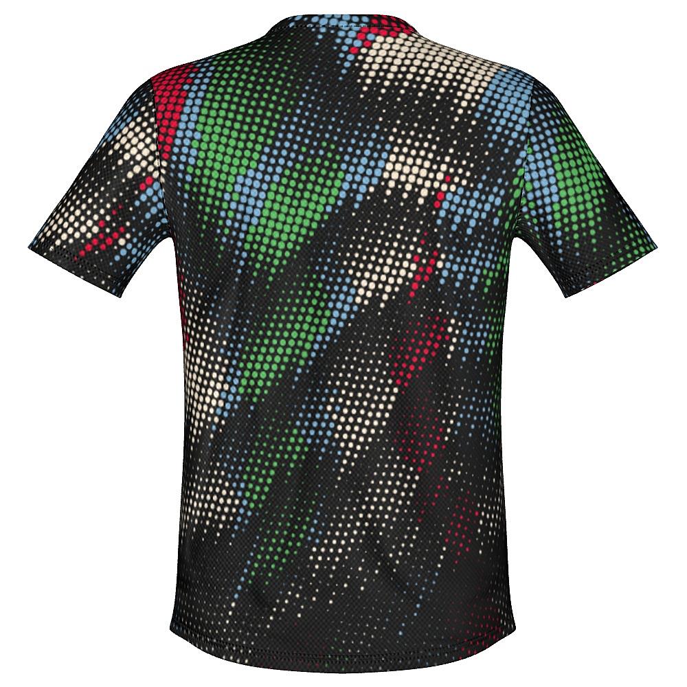 Black shirt with multicolored dot pattern on a white background