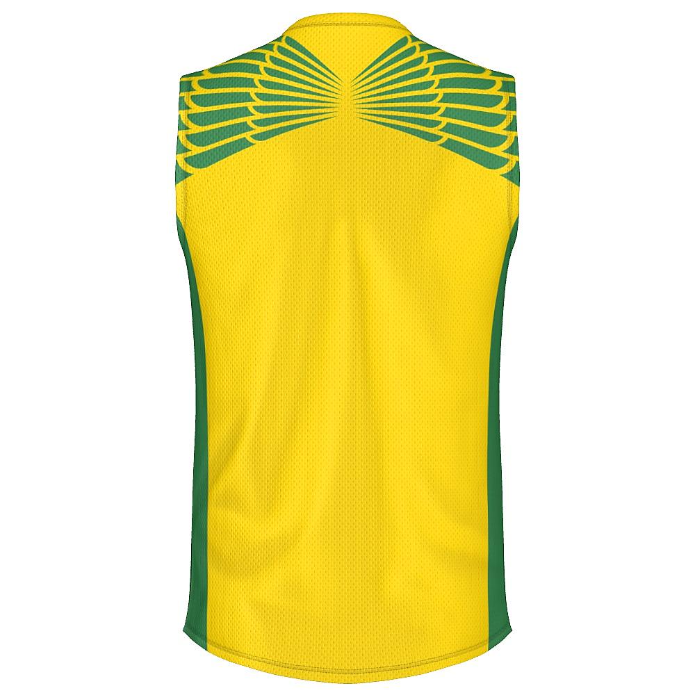 Yellow and green sleeveless shirt with feather design on upper chest and back