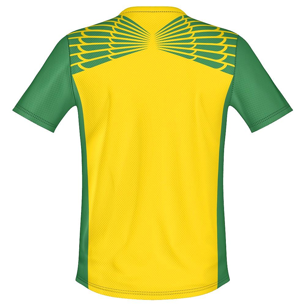 Yellow and green shirt with feather design on upper chest and shoulders
