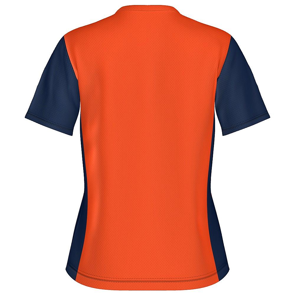 Orange shirt with navy sleeves and side panels on a white background