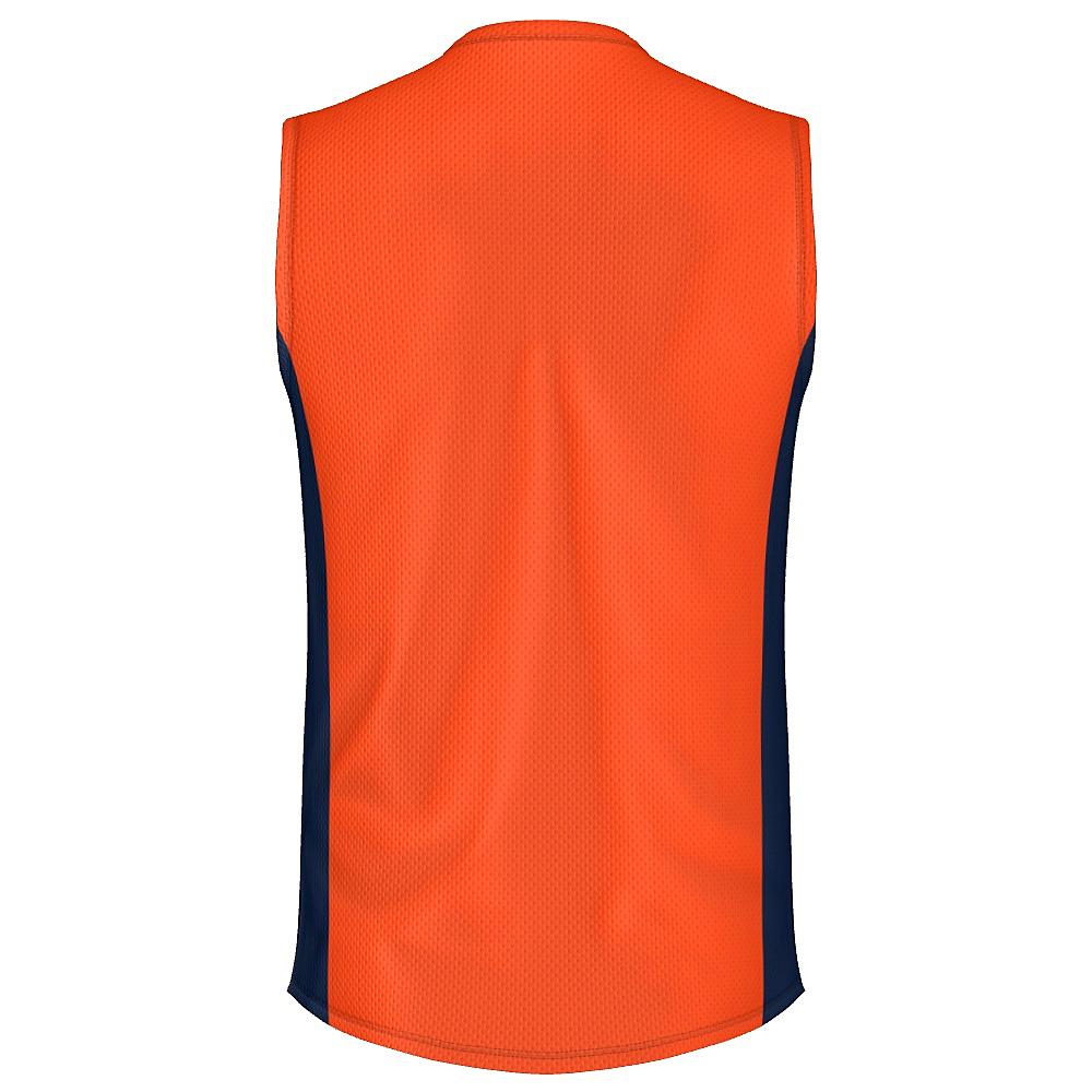 Orange sleeveless shirt with navy side panels on a white background