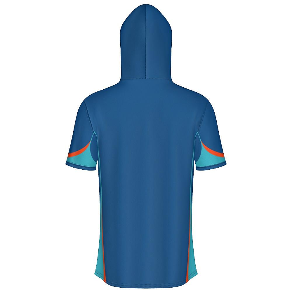 Blue short-sleeve hoodie with teal and orange accents on a white background