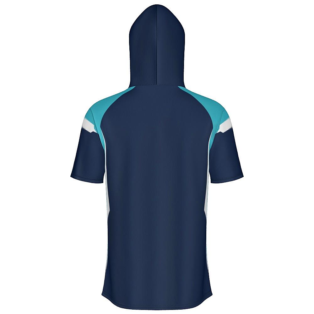 Navy short-sleeve hoodie with light blue and white accents on a white background