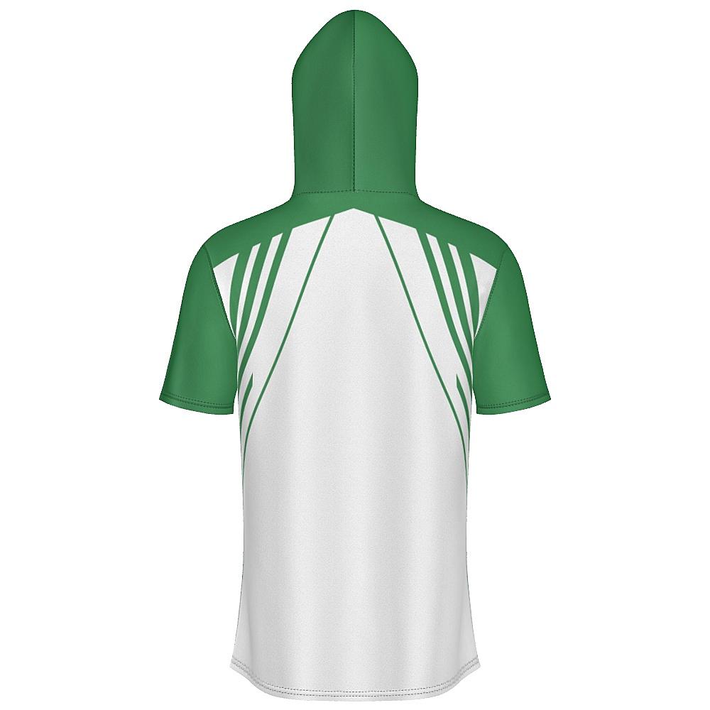 White short-sleeve hoodie with green accents on a white background