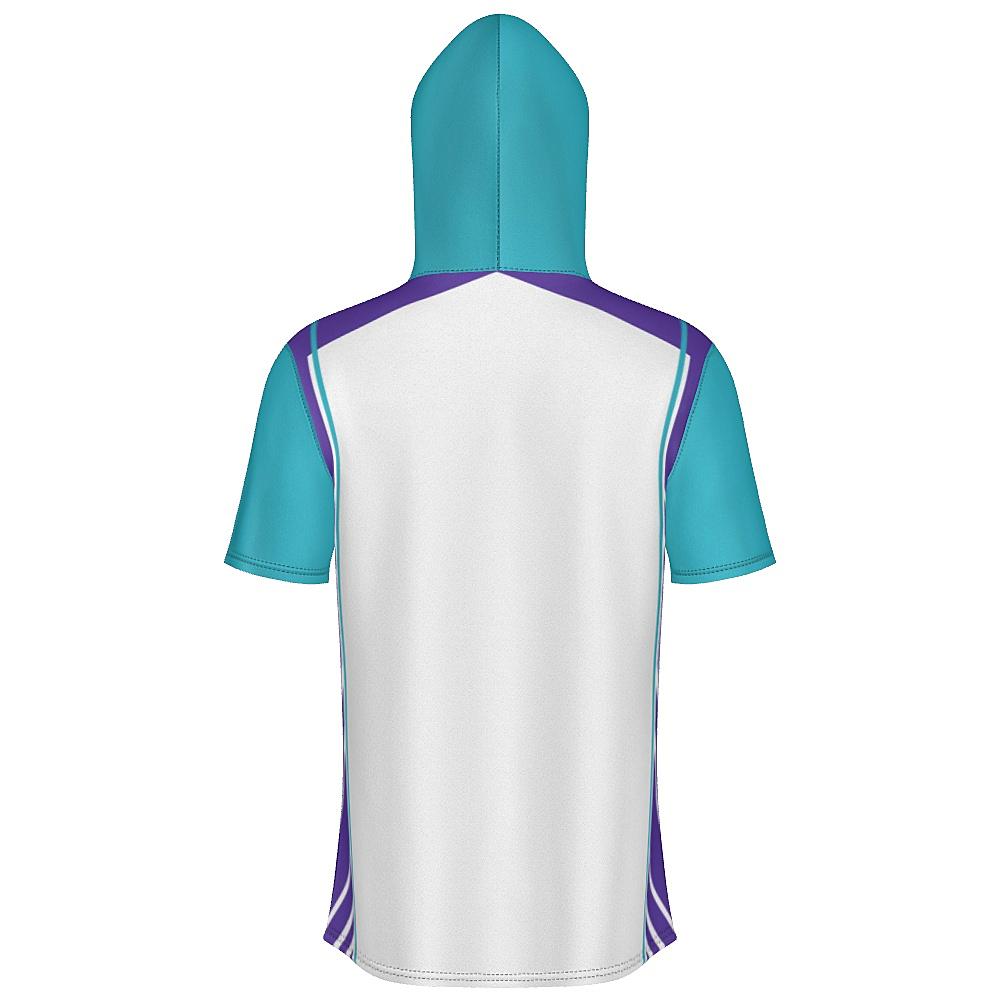 White short-sleeve hoodie with teal and purple accents on a white background