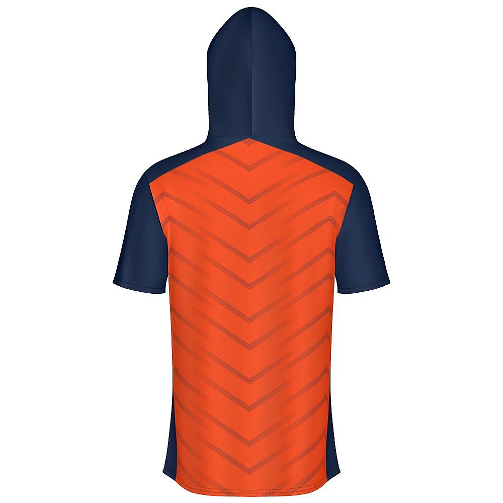 Orange short-sleeve hoodie with navy accents and chevron design on a white background