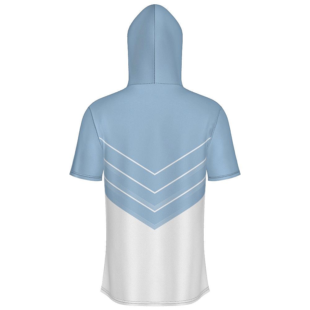 Blue and white short-sleeve hoodie with chevron design on a white background