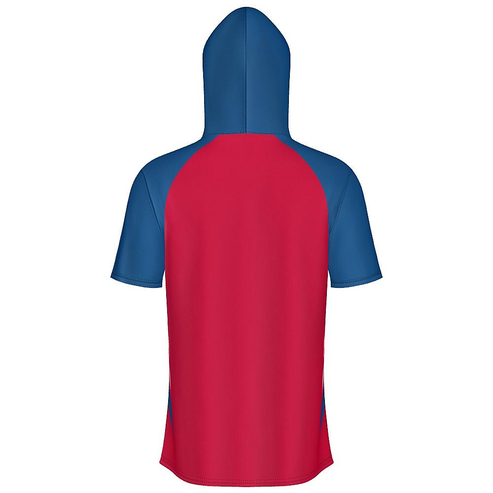Red short-sleeve hoodie with blue and white accents on a white background