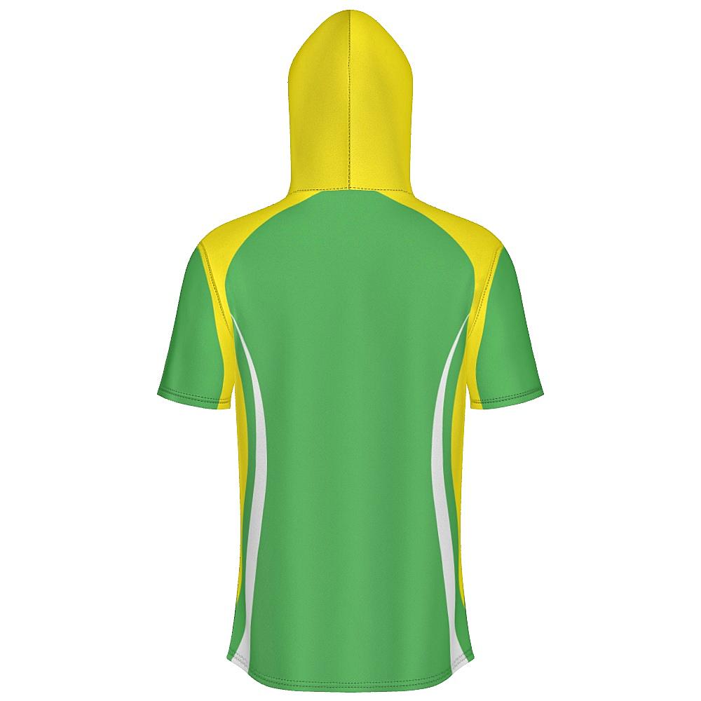 Green short-sleeve hoodie with yellow and white accents on a white background