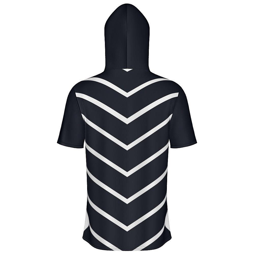 Black short-sleeve hoodie with white chevrons on a white background