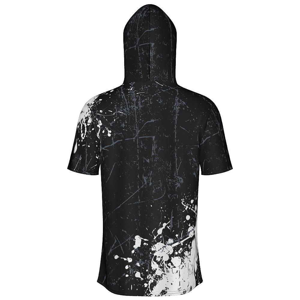 Black short-sleeve hoodie with white and grey distressed design on a white background