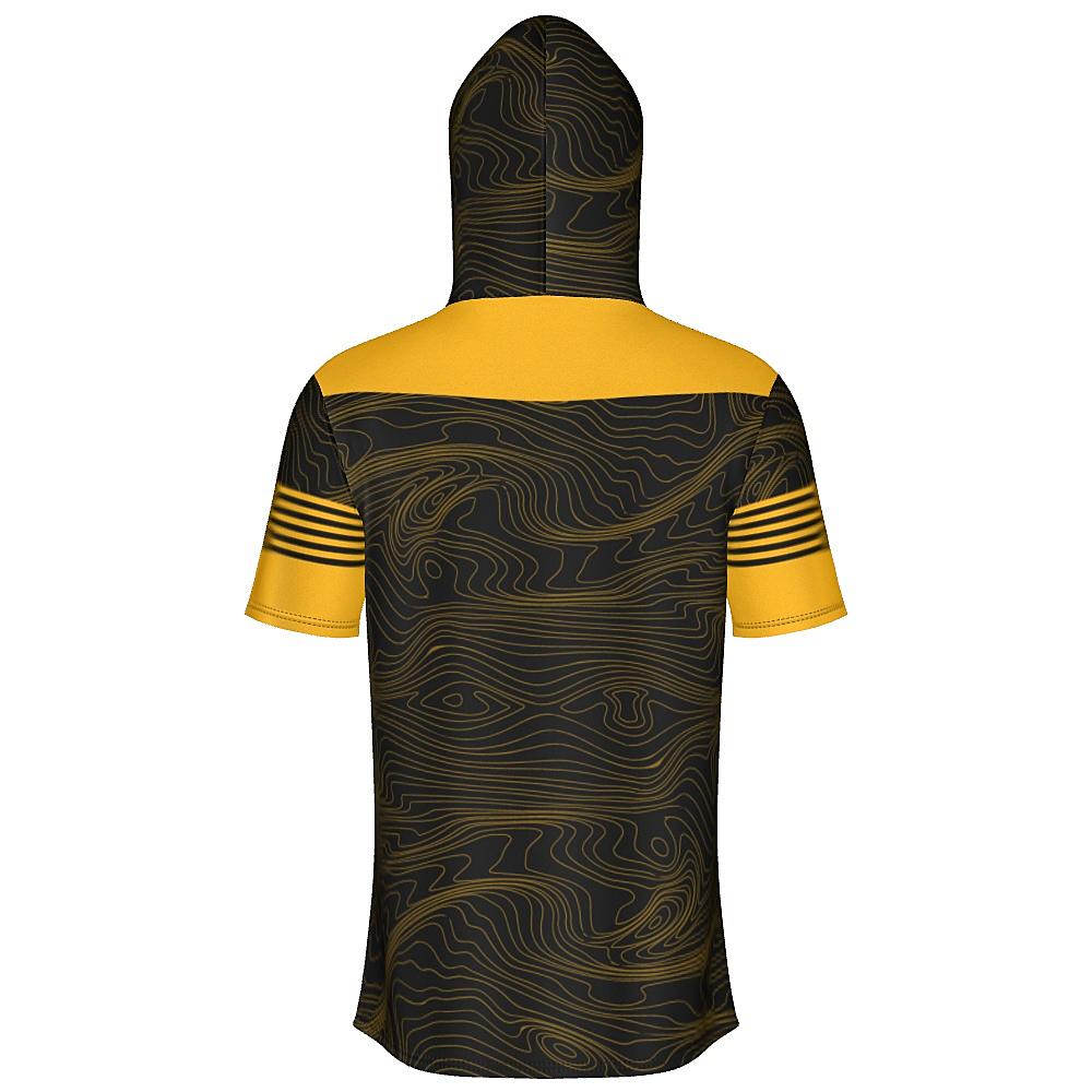 Black short-sleeve hoodie with yellow accents and topographic design on a white background