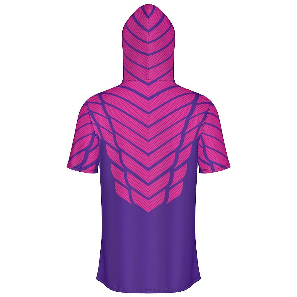Pink and purple short-sleeve hoodie with striped design on a white background