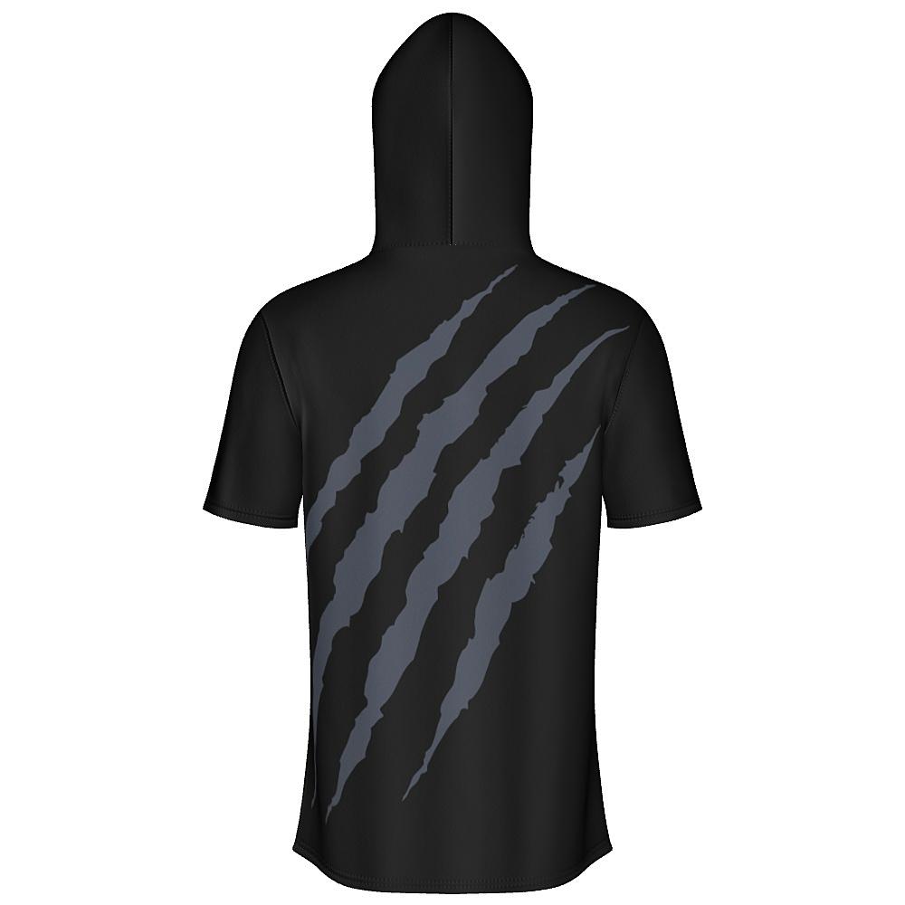 Black short-sleeve hoodie with grey claw-mark design on a white background
