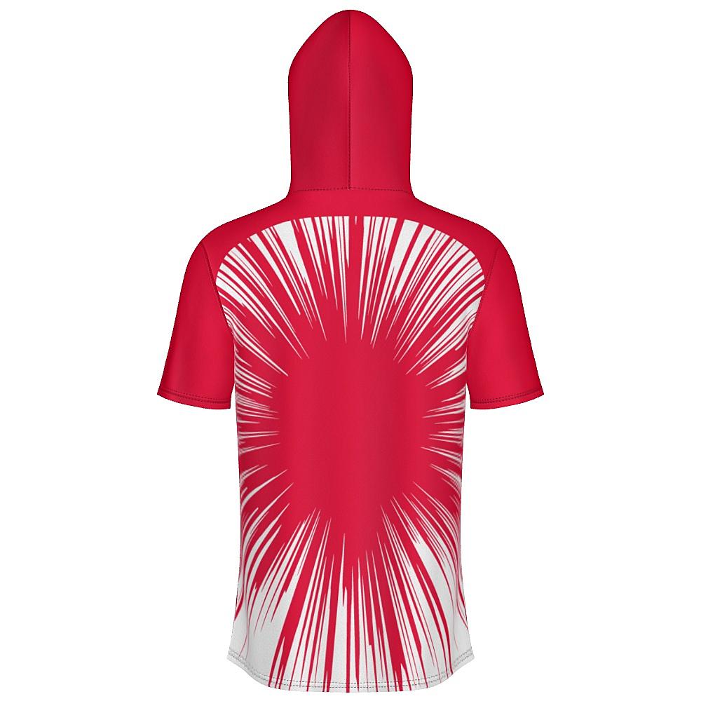 Red short-sleeve hoodie with starburst design on a white background