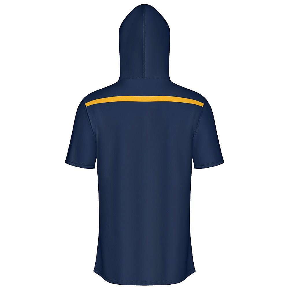 Navy short-sleeve hoodie with yellow stripes on a white background