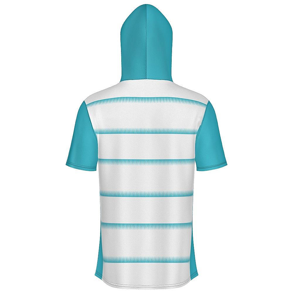 White short-sleeve hoodie with teal sleeves, hood and sawtooth stripes