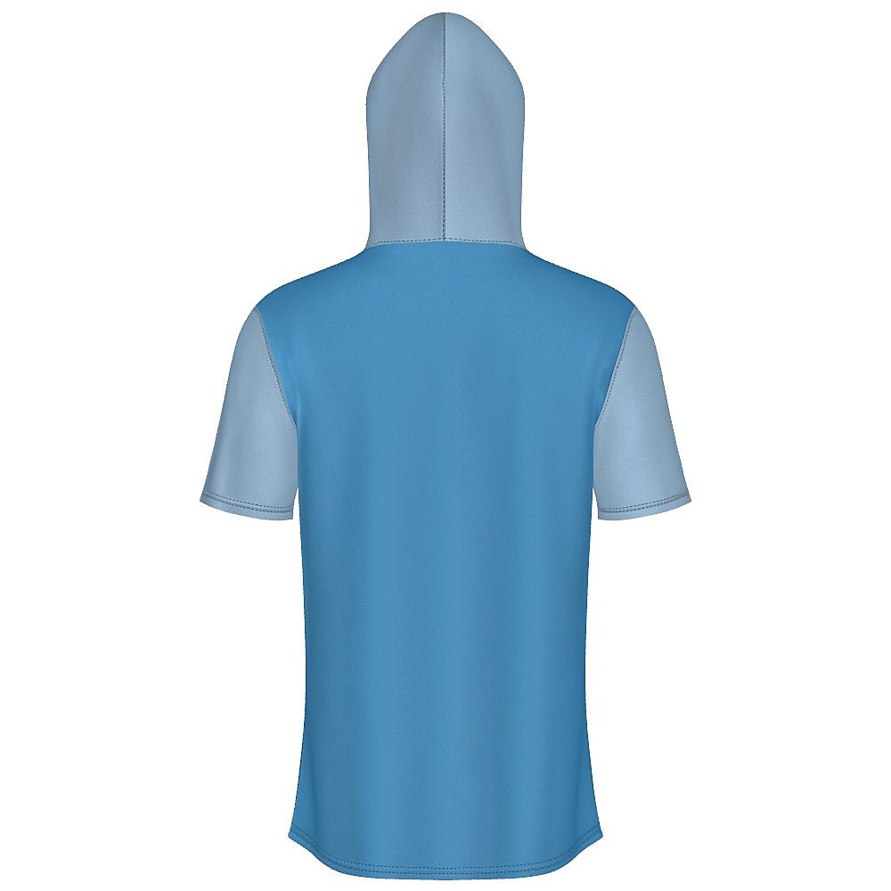 Blue short-sleeve hoodie with contrasting sleeves & hood and white horizontal stripe on a white background