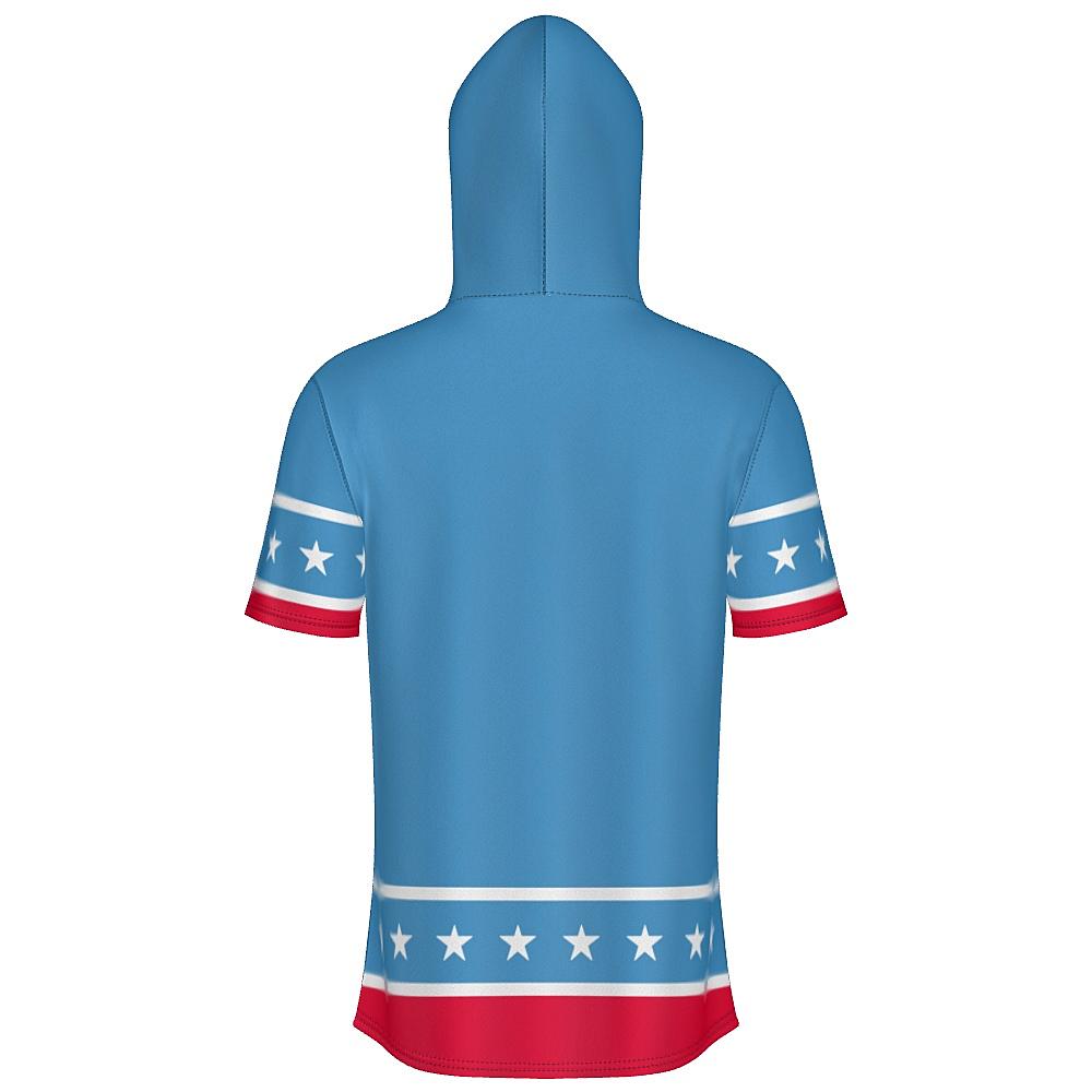 Blue short-sleeve hoodie with white stars and red stripes on a white background
