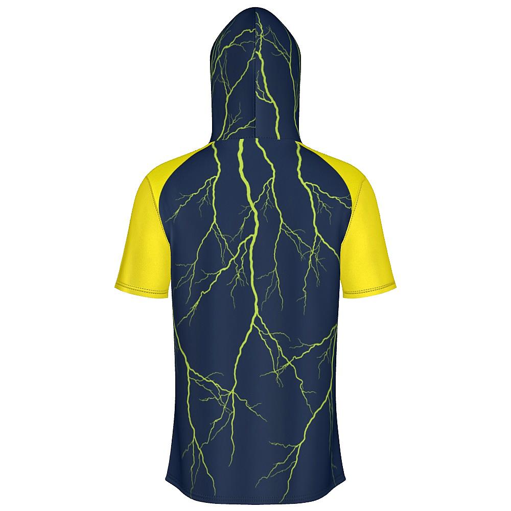 Navy short-sleeve hoodie with yellow sleeves and lightning design on a white background