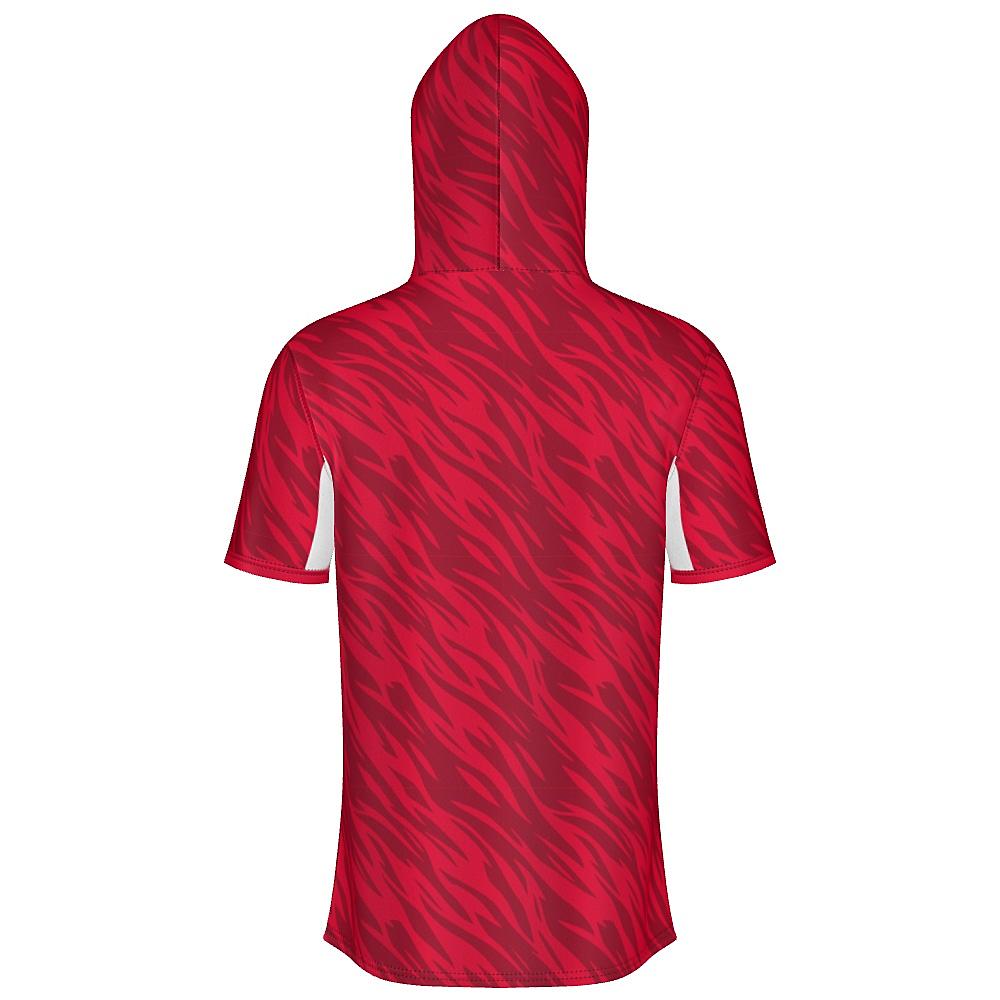 Red short-sleeve hoodie with wavy design and white accents on a white background