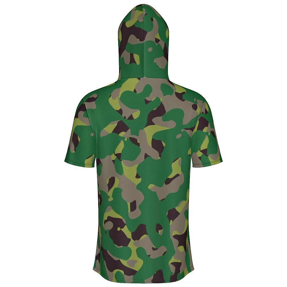 Short-sleeve hoodie with green camouflage design on a white background