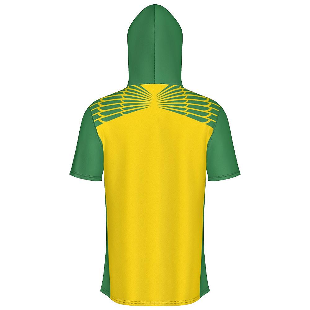 Yellow and green short-sleeve hoodie with feather design on upper chest and back