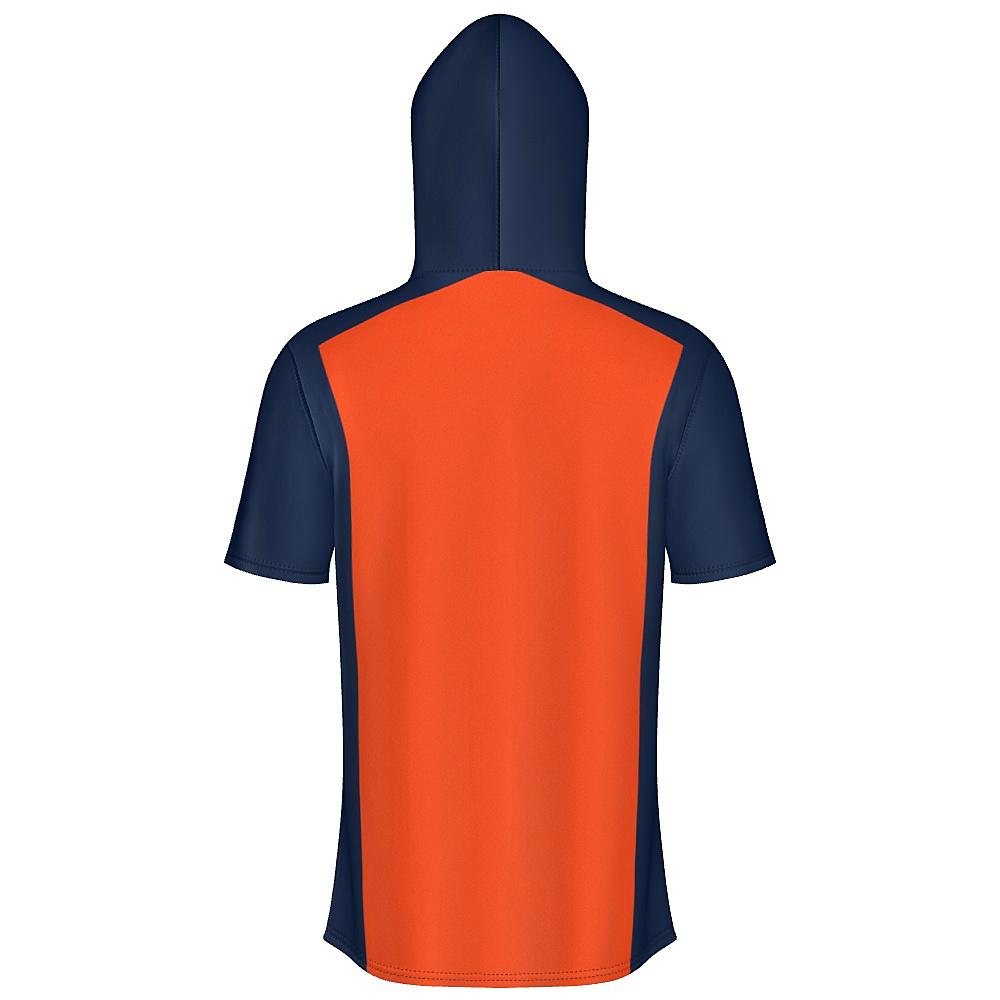 Orange short-sleeve hoodie with navy sides and hood on a white background