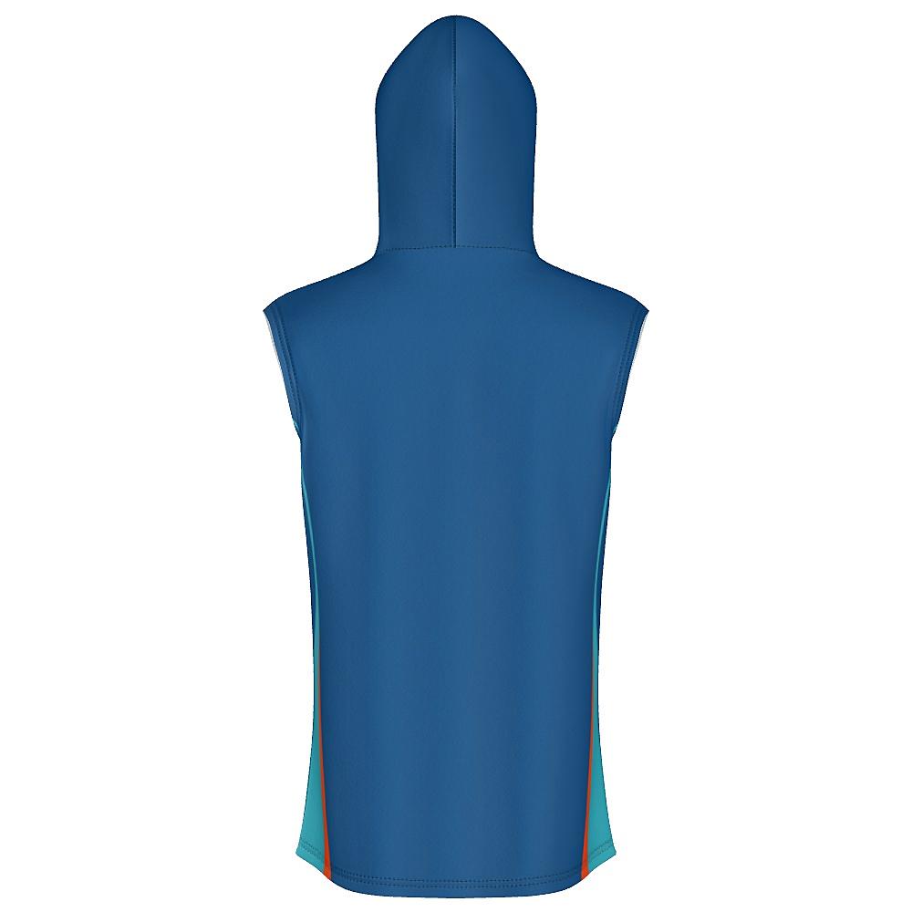 Blue sleeveless hoodie with teal and orange accents on a white background