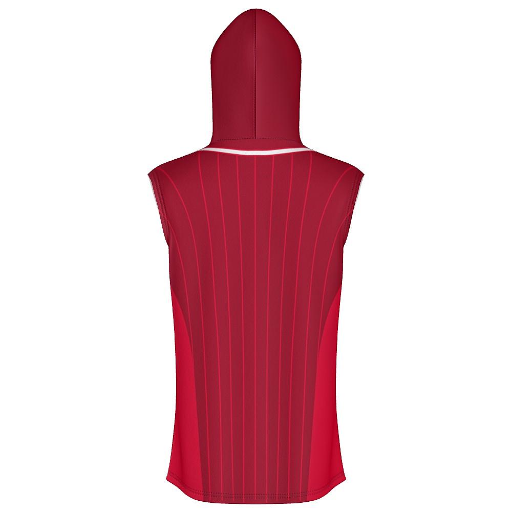 Red sleeveless hoodie with pinstripe design on a white background