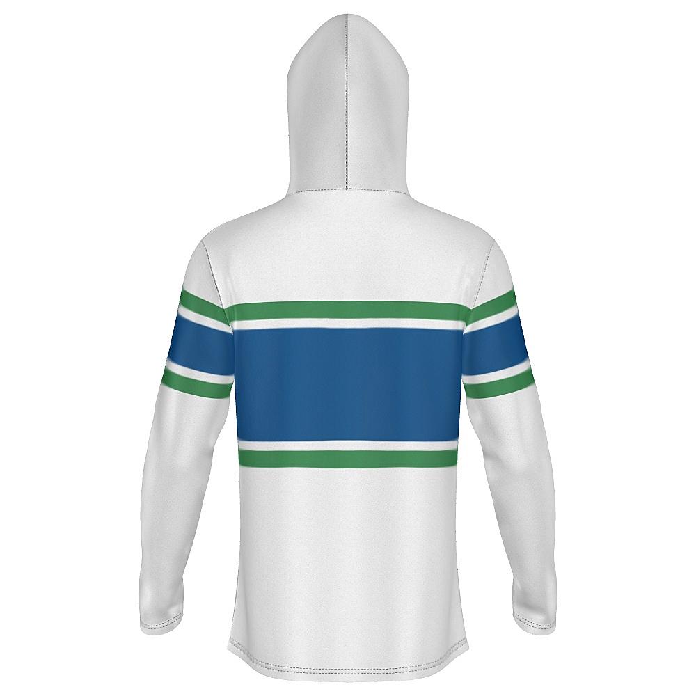 White, blue and green hoodie on a white background