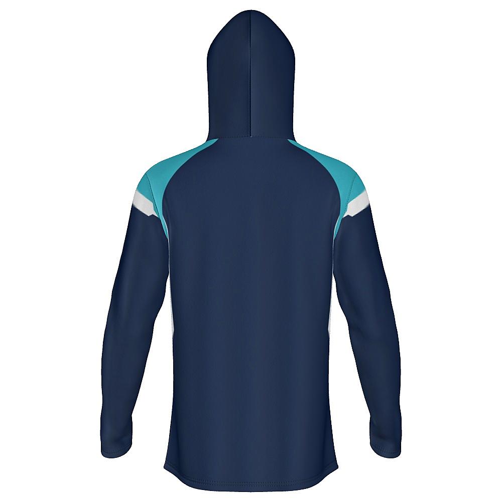Navy hoodie with light blue and white accents on a white background