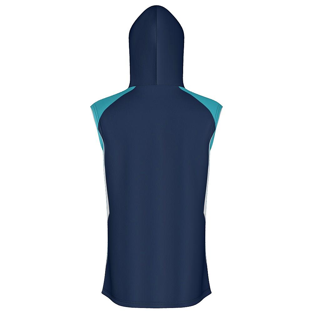 Navy sleeveless hoodie with light blue and white accents on a white background