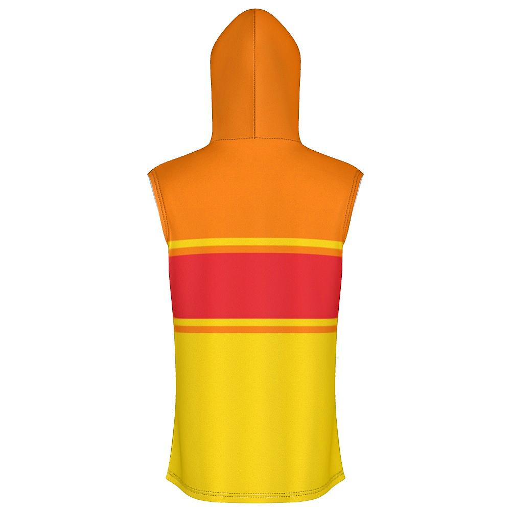 Red, orange and yellow sleeveless hoodie on a white background