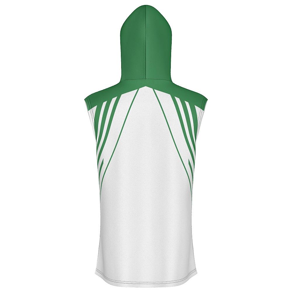 White sleeveless hoodie with green accents on a white background