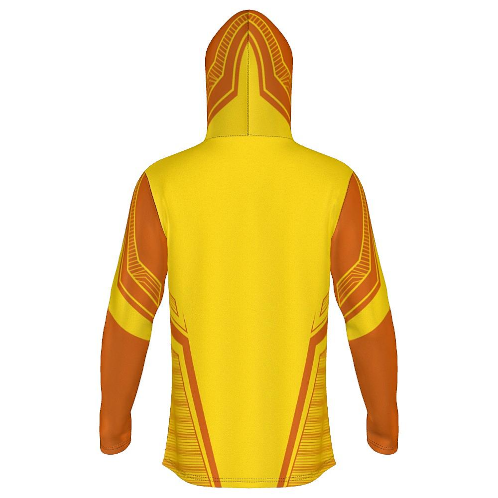Yellow hoodie with orange accents on a white background