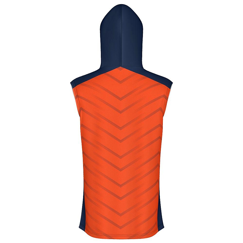 Orange sleeveless hoodie with navy accents and chevron design on a white background
