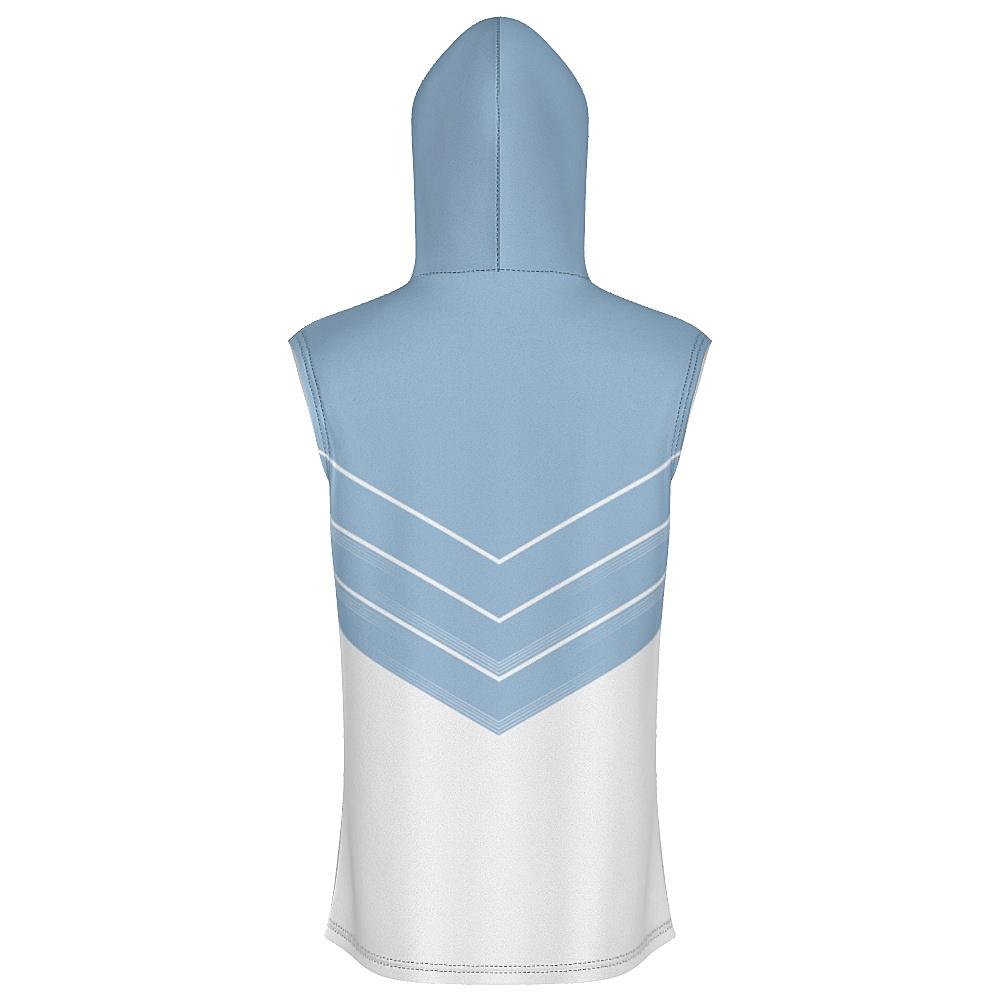 Blue and white sleeveless hoodie with chevron design on a white background