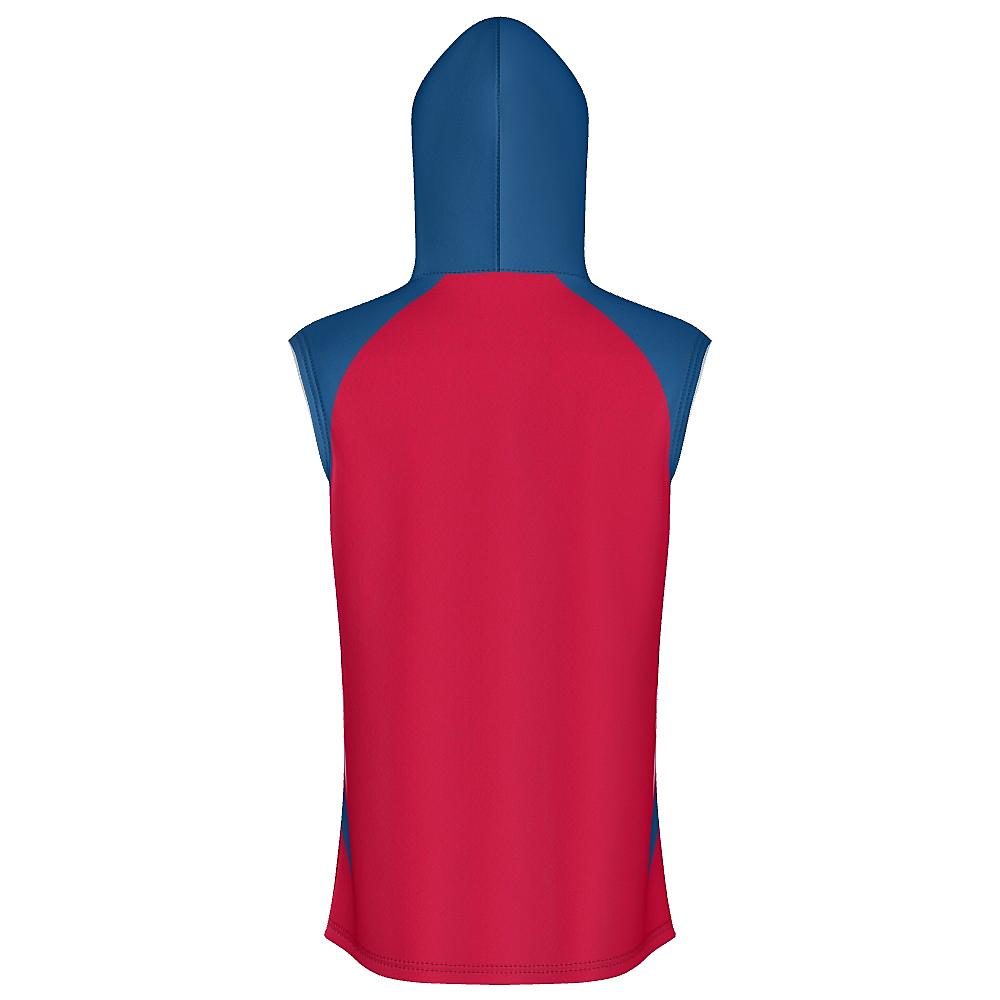 Red sleeveless hoodie with blue and white accents on a white background