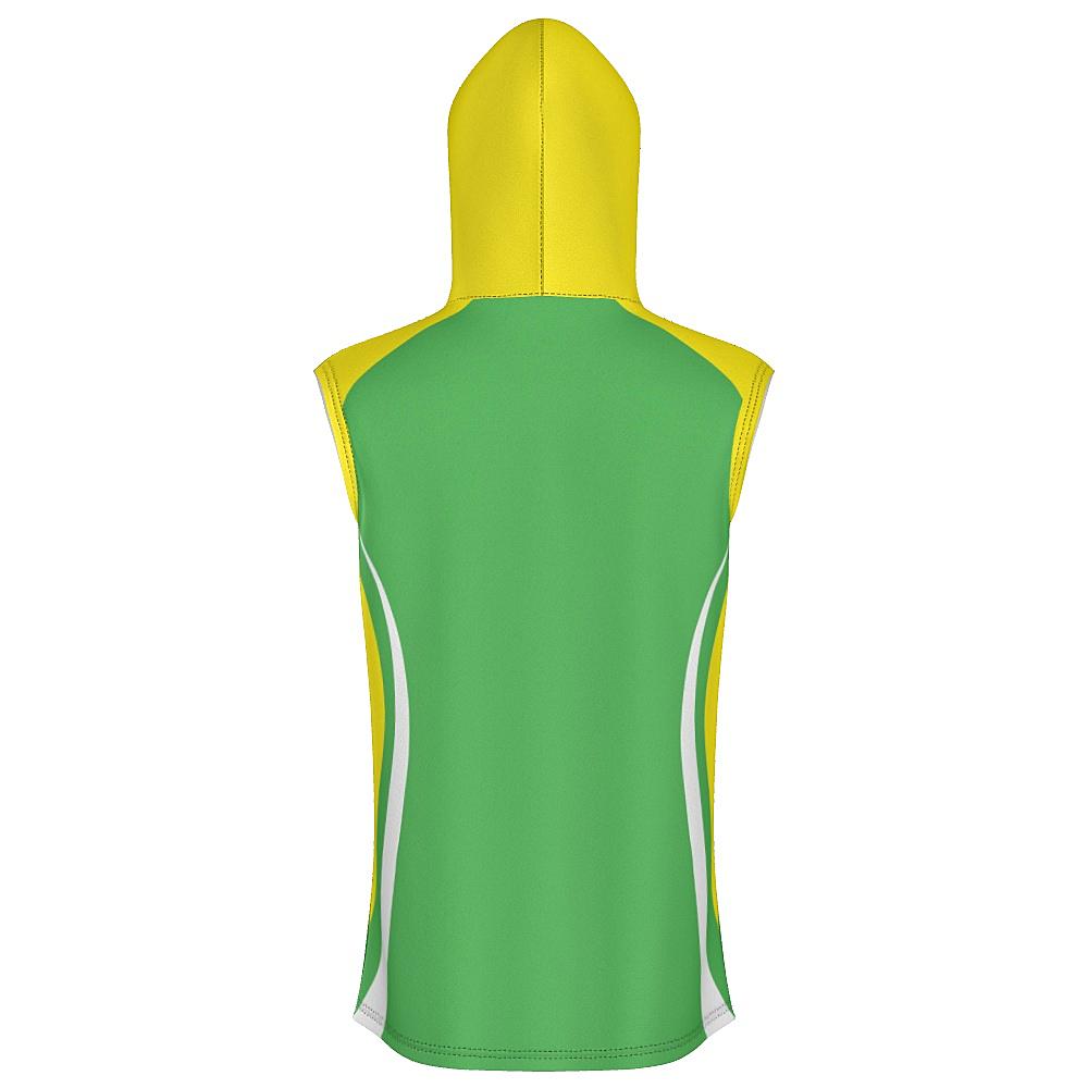 Green sleeveless hoodie with yellow and white accents on a white background