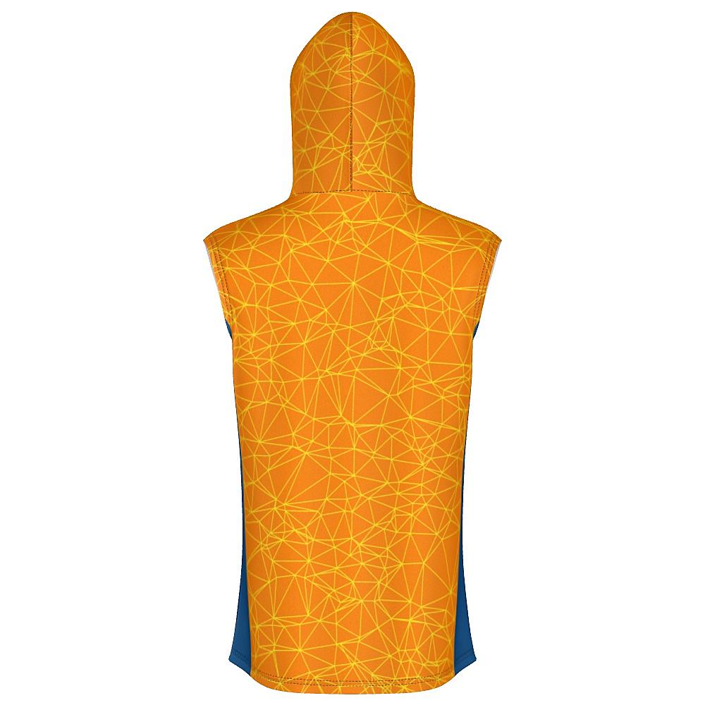 Orange sleeveless hoodie with yellow geometric design and blue accents on a white background