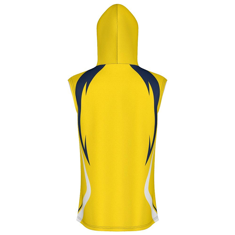 Yellow sleeveless hoodie with navy and white accents on a white background